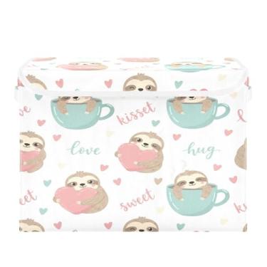 Imagem de Wassud Cestos de armazenamento dobráveis com tampas, lindas preguiças, cestas organizadoras de tecido dobráveis para armário, decoração sazonal de casa 40 x 30 x 30 cm