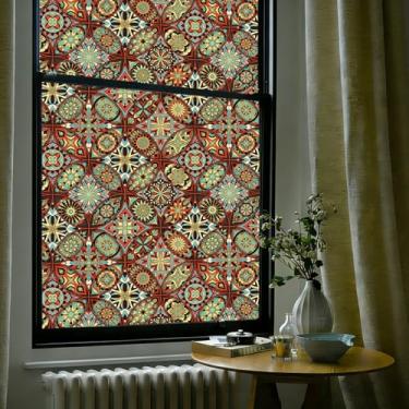 Imagem de OHTMERU Película decorativa de privacidade para janela de vitral, adesivo de vidro fosco com aderência estática, opaco, controle de calor, bloqueio UV, filme Boho para janela para porta da frente
