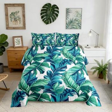 Imagem de Homewish Jogo de cama Queen com folhas de palmeira, 3 peças, decoração de folhas tropicais em aquarela, para crianças, adolescentes e adultos, verde-azulado, plantas naturais, edredom com 2 fronhas