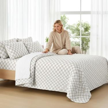 Imagem de REPRECONF Conjunto de colcha quadriculada ultramacia, tamanho king, leve, respirável, edredom acolchoado para todas as estações, reversível, 3 peças (1 colcha, 2 fronhas) bege
