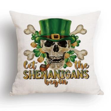 Imagem de Capa de travesseiro de Dia de São Patrício 45,7 x 45,7 cm – Let The Shenanigans Begin Green Skull Clover Decoração de casa, enfeite irlandês de férias para sofá, sala de estar, diversão no dia de São