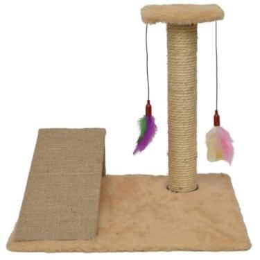 Imagem de Arranhador para Gato com Poste de Sisal, Rampa e Brinquedo com Pena – Brinquedo Pet Interativo(Bege)