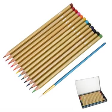 Imagem de Lápis de cor solúvel em água profissional 12 cores vibrantes conjunto de lápis aquarela para estudantes artistas com caixa de ferro e pincel