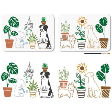 Imagem de MAYJOYDIY 2 peças de estêncil de desenho animado de cães em vaso para pintura de plantas 11,7 × 8,7 cm, modelo de desenho de animais com pincel de pintura para artesanato na janela, parede de madeira