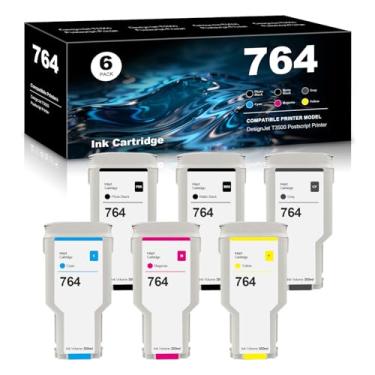 Imagem de Pacote com 6 cartuchos de tinta 764 compatíveis com HP 764 HP764 para C1Q16A C1Q17A C1Q18A C1Q13A C1Q14A C1Q15A para DesignJet T3500 Postscript Printer Photo Black Matte Black Red Cyan Magenta Amarelo