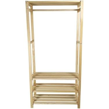 Imagem de Arara de Madeira Pinus para Roupas, Organizador com Prateleiras, Natural, 170x80x31cm, Estilo Minimalista para Quarto e Closet