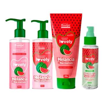 Imagem de Kit Autocuidado Skincare Feminino Lovely – Esfoliante Sabonete Hidratante Body Splash (MORANGO)