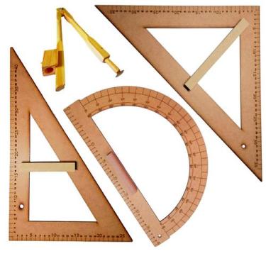 Imagem de Kit Geométrico do Professor Mdf Com Esquadros 45 + 60 + Transferidor 1