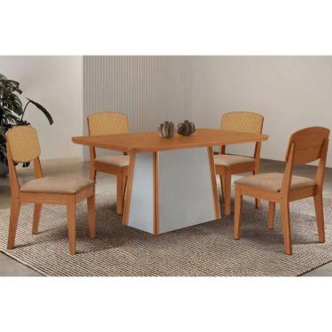 Imagem de Conjunto: Mesa de Cozinha Tilia c/ Tampo Madeirado Canto Curvo 120x80cm e 4 Cadeiras Havana Premium Naturale/Off White - Linho Bege - Rufato