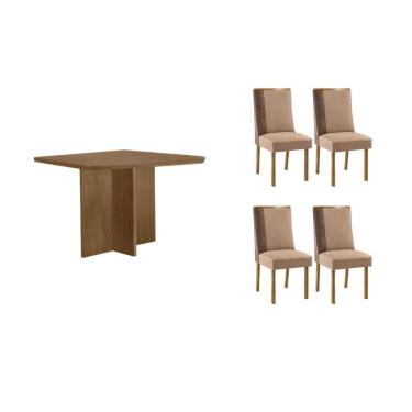 Imagem de Conjunto: Mesa Sala Jantar Berlim Curvo 90cm + 4 Cadeiras Tilia Naturale - Linho Capuccino - Rufato
