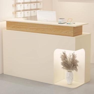 Imagem de Mesa de recepção moderna com balcão, mesa de caixa de varejo com gaveta e armário de armazenamento, recepção elegante para escritório, bege, 140 x 50 x 100 cm