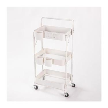 Imagem de Carrinho utilitário Rack de armazenamento três camadas ferro, rack móvel chão com apoio braço, sala estar, cozinha, quarto, carrinho dobrável(Branco)