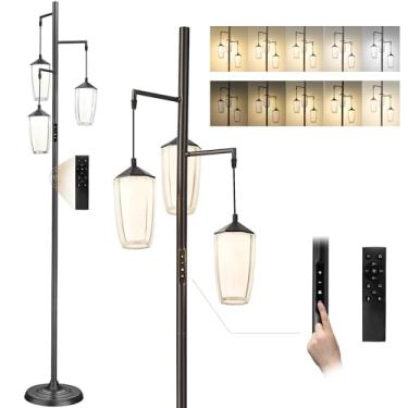 Imagem de ELYONA Luminária de chão regulável moderna, lâmpada de pé de 3 luzes com controle remoto e de toque, ajustável de 2200 K-6500 K, cores e brilho, luz de leitura LED de 24 W para quarto, sala de estar