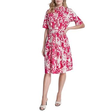 Imagem de DKNY Vestido feminino de popelina de algodão com gola 3/4 manga 3/4, rosa choque/marfim, 12