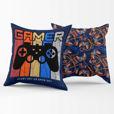 Imagem de Par De Capas De Almofadas Estampadas Gamer Day Azul Marinho 45cm X 45cm Para Quarto