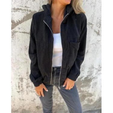 Imagem de Jaqueta Feminina De Corduroy Com Capuz Em Cor Sólida, Moda 2024, Estil