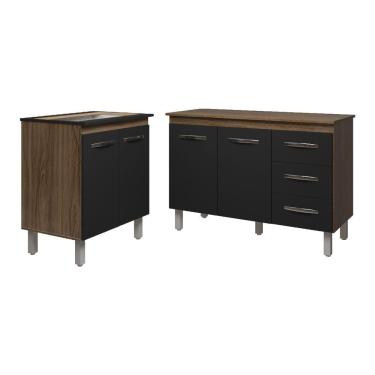 Imagem de Balcão Para Cooktop 5 Bocas Fran E Armário Bruna 118 Cm Cozinha Gabinete Preto Com Tampo Tampão