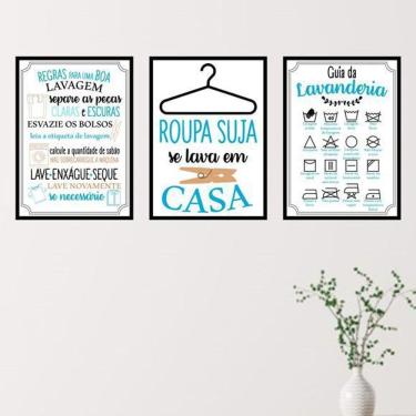 Imagem de Kit 3 Quadros Decorativos Lavanderia Azul 34x23cm