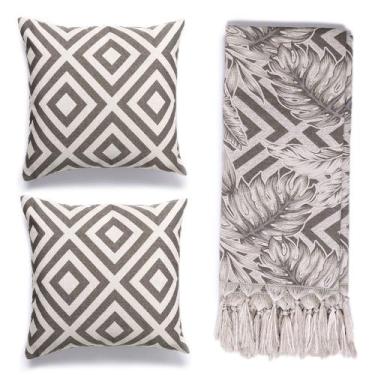 Imagem de Kit 1 manta Rústica e 2 Capas de Almofada para Sofá Folhagem Geométric