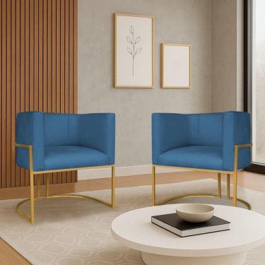 Imagem de Kit 2 Poltronas Dália Estofada Design Sofisticadoc/Base De Ferro Dourado Linho Azul Royal