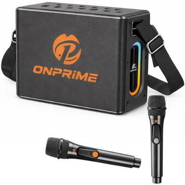 Imagem de Caixa De Som Bluetooth com 2 microfones sem fio bass graves aturnshop Boom 100sb 120w 20h Ipx5 Cor Preto 110V/220V 