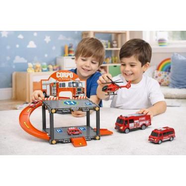 Imagem de Estacionamento Bombeiros Infantil Pista Montar 13 Peças Carrinhos Heli