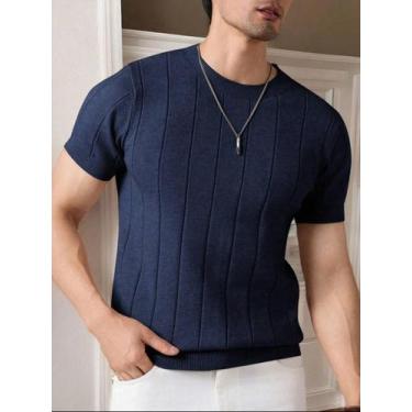 Imagem de Camiseta Masculina Básica Canelada Manga Curta Tricot Modal Cor:Azul M