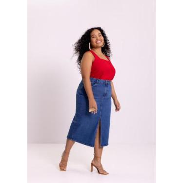 Imagem de Saia Plus Size Jeans Midi Fenda Frontal LUNENDER 20029, 48