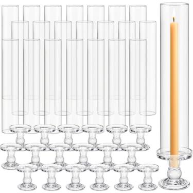 Imagem de Teenyyou Conjunto de 24 castiçais de vidro Hurricane de 32 cm em formato de tubo sem fundo e castiçal transparente de 8,5 cm para mesa de festa de casamento (novo)