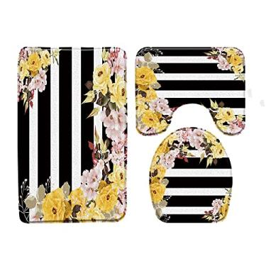 Imagem de Tapete de banho de flores e pássaros com fundo de listras em preto e branco tapetes de banheiro conjunto de 3 peças tapete de banheiro carpete produtos de banheiro, 4939L, 400MMx600MM