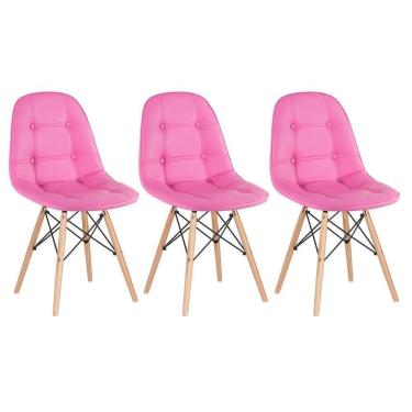 Imagem de Kit - 3 X Cadeiras Estofadas Eames Eiffel Botonê - Base De Madeira Clara - Rosa Pink