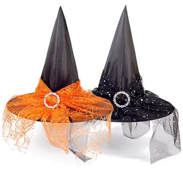 Imagem de Giga Gud 4 pcs Halloween Witch Hat Halloween Vintage Witch Hat, See-Through Lace Veils Printed Hats Party Supplies Halloween Costume Accessories
