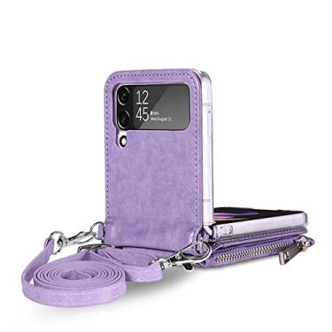 Imagem de Capa de celular de couro de bolso de cartão de luxo para Samsung Galaxy Z Flip4 5G Flip 4 flip3 flip 3 Capas de função de carteira anti-queda, roxa, para Samsung Z Flip 4