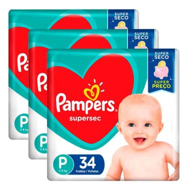 Imagem de Kit 3 Fraldas Pampers Supersec Pacotão Econômico P - 102 Tiras