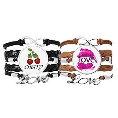 Imagem de Pulseira para Amor dos Lábios Rosa Dia dos Namorados Pulseira de Couro Corda Cereja Conjunto Duplo