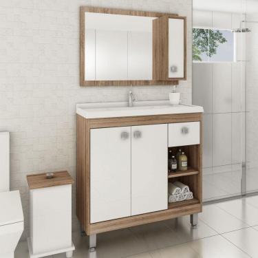 Imagem de Conjunto para Banheiro Armário 3 Portas 1 Gaveta Espelheira C0082507 Ozini Castanho Argel/Branco