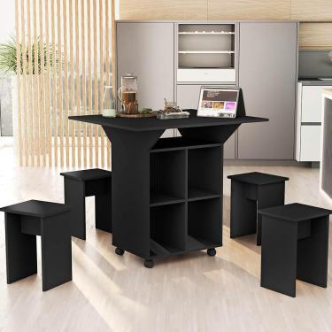 Imagem de Mesa Aparador Retrátil Basoto Annie com 4 bancos embutidos 100% MDF - Preto