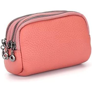 Imagem de Carteira feminina pequena de couro genuíno com zíper porta-moedas cartões chaves bolsas para dinheiro, rosa, 14x6x8,5cm, atualizado1