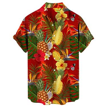 Imagem de Camisetas grandes para homens casuais com estampa de lapela solta manga curta punhos estilo porta botão camisa floral senhora areia, Vermelho, P