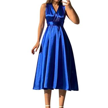 Imagem de UIFLQXX Vestido de coquetel feminino liso com decote em V, sexy, frente única, vestido de noite plus size, vestido maxi para noite, Azul, G