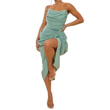 Imagem de Camisa Feminina Chiffon Corset Bandeau Draped Ruched Split Thigh Tube Dress (Color : Mint Green, Size : CH)