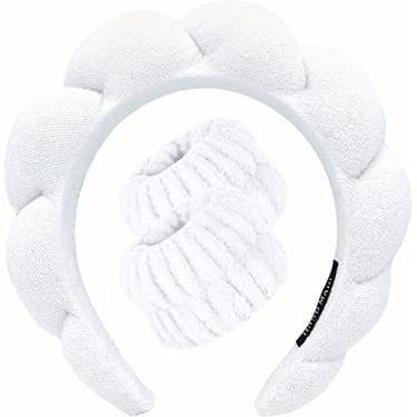 Imagem de Conjunto de toalhas de pulso para spa, conjunto de elásticos para lavar o rosto, tiaras para cuidados com a pele para mulheres, tecido atoalhado, esponja, faixa de cabelo facial, faixas de cabelo para remoção de maquiagem, chuveiro