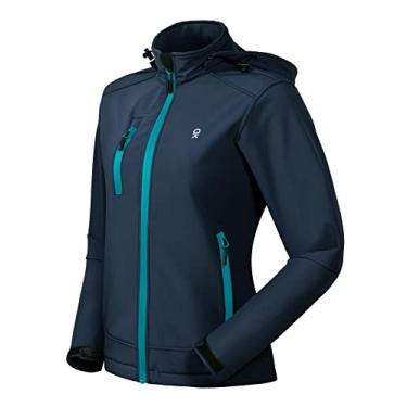 Imagem de Jaqueta feminina de softshell Little Donkey Andy, jaqueta de esqui e snowboard com capuz removível, forro de lã e repelente de água, azul escuro G