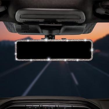Imagem de JOYTUTUS Espelho retrovisor, acessórios retrovisores panorâmicos universais de 11,81 polegadas com borda de diamantes de cristal de strass brilhante, espelho retrovisor amplo angular com clipe interno