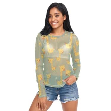 Imagem de Camisetas femininas transparentes de girafa fofa animal amarelo blusas de malha gola redonda tops de malha roupa de clube, Girafa fofa, animal, amarelo, M