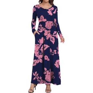 Imagem de HAOMEILI Vestidos casuais femininos de manga curta/longa, soltos, longos, com bolsos, Lo Pink Fl Navy, M