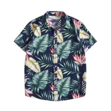 Imagem de Camisetas masculinas gola tartaruga verão outono manga curta ajuste solto praia havaiana tropical camisetas masculinas 2024, R-444 azul-marinho, 3G
