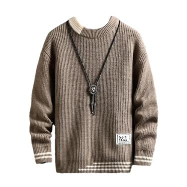 Imagem de Suéter masculino outono inverno quente costura cor combinando pulôver gola redonda suéter tricotado grosso, Caqui, Medium
