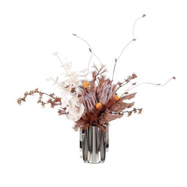 Imagem de GRFIT Arranjo de flores artificiais para sala de estar, buquê de flores de laranja, mesa de jantar, mesa de centro, vaso de metal, decoração de flores