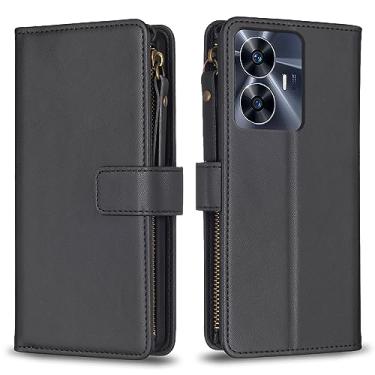 Imagem de Capa para alça de pulso Realme C55, 9 compartimentos para cartão, 1 carteira de couro com zíper, suporte flip fecho magnético bolsa de mão compatível com Realme C55 4G 6,7 polegadas (preta)